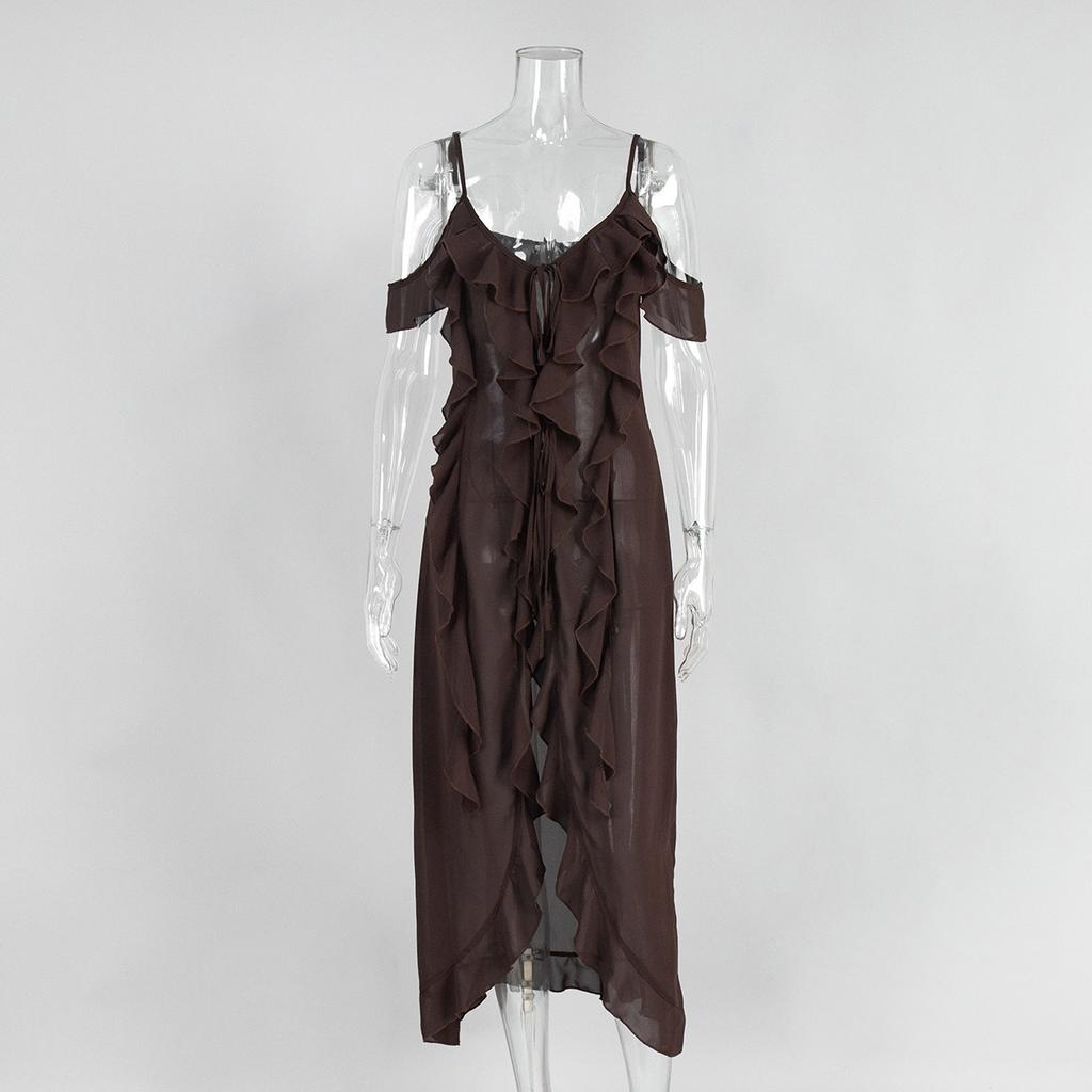 Xiecha sexy Trägerkleid, Europäisches und Amerikanisches Sommer-Neues V-Ausschnitt-Trägerkleid mit Lotosblatt-Saum für Damen