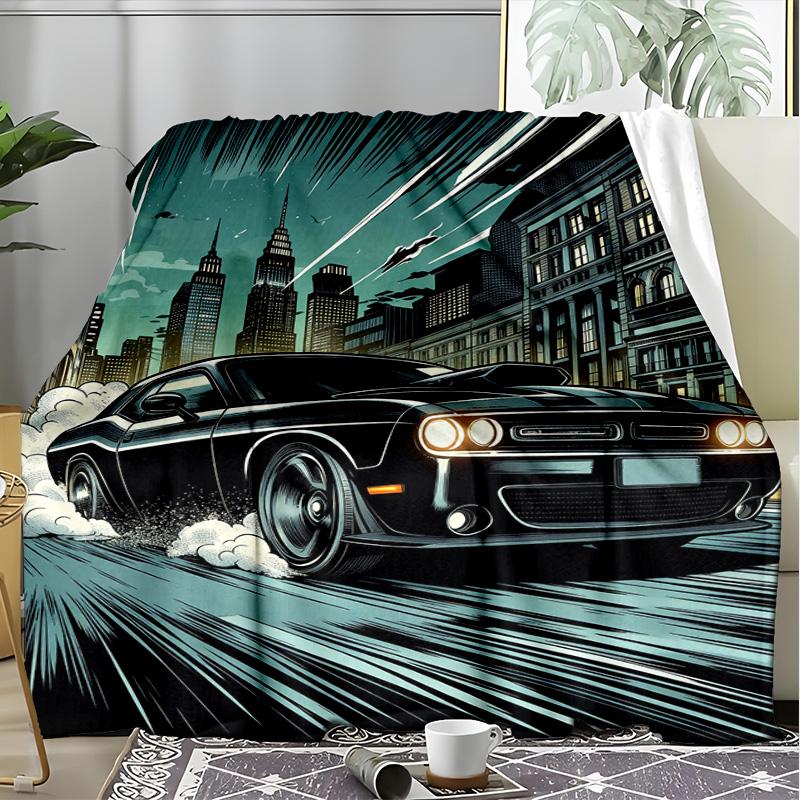 City Sports Car Comic Style Fleece Printed Flannel Blanket, Warm Soft Throw Sofa Bed Blanket