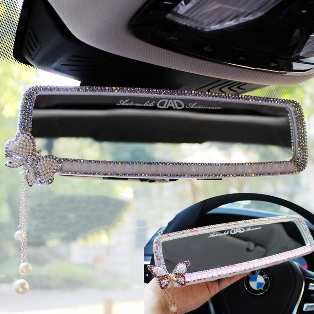 HIGHAWK Rearview Mirror with Artificial Sparkling Design for Car Interior Mirror Decoration with Diamonds, Women, (Silver Butterfly)