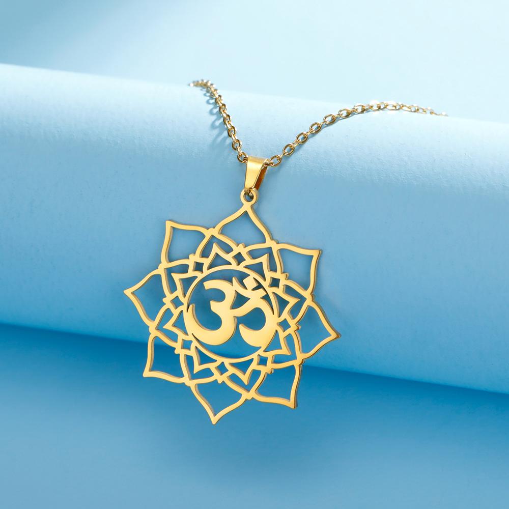 Dawapara Lotus Flower Mandala OM AUM Symbol Necklace Buddhist Chakra Yoga Jewelry Spiritual Amulet Stainless Steel