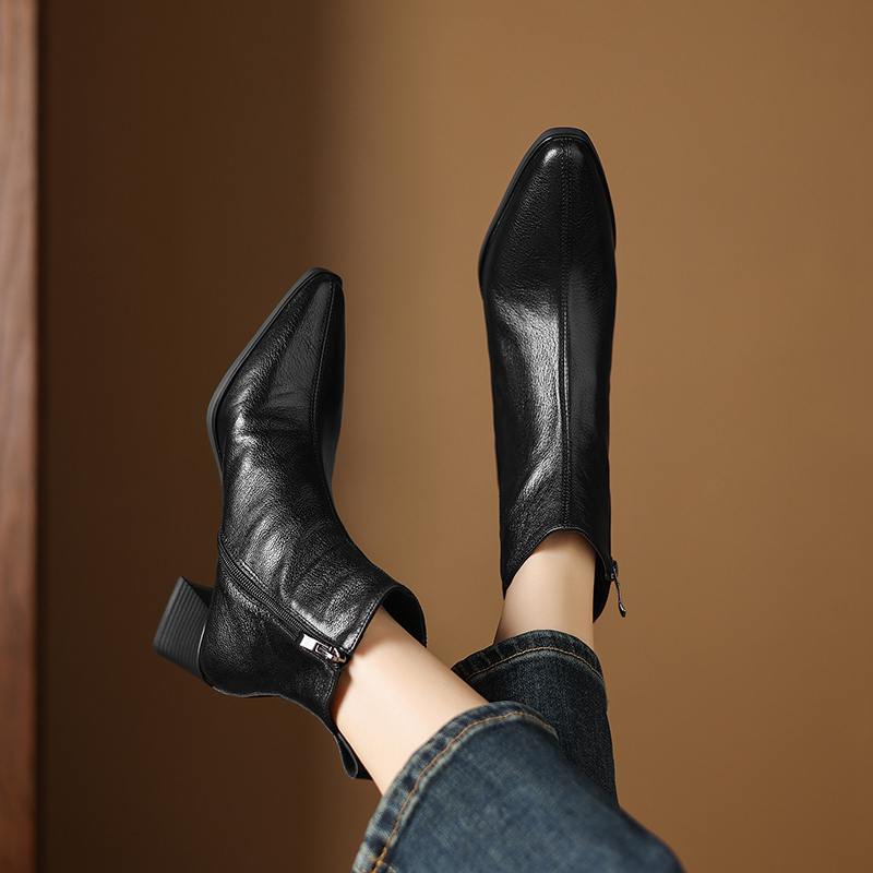 Krazing Pot Zimní kožené kozačky na středním podpatku se špičatou špičkou Chelsea pro ženy, elegantní dámské kotníkové boty na zip