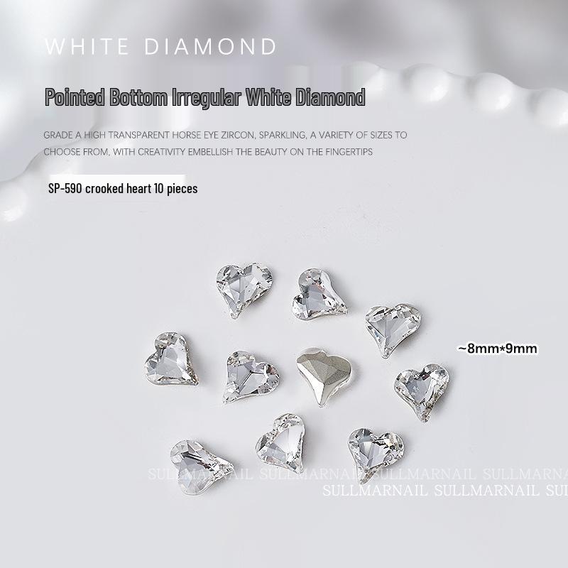Nail Art Rhinestones Set: Heart, Crooked Heart, White Diamond, Peach Heart, Square, and Transparent Shapes (10 Pieces)