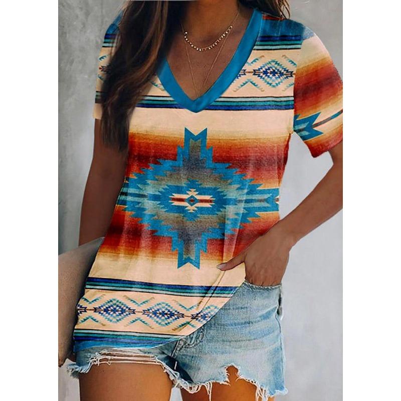 Summer V-neck 3D Retro Ethnic Style Printed Top Fashionable Casual Short Sleeved Women's T-shirts