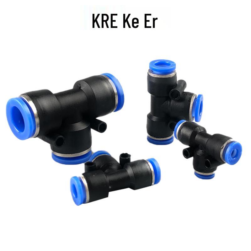 T-Type Pneumatic Hose Quick Connector, Push-in, PE Plastic, Sizes 4-16mm
