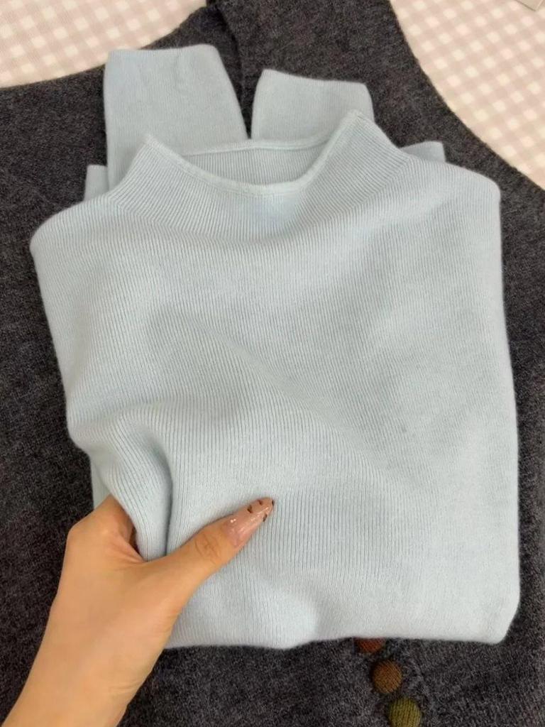 Women's Slimming Korean Style Minimalist Knitwear - Soft Stand Collar Long Sleeve Sweater for Spring/Autumn