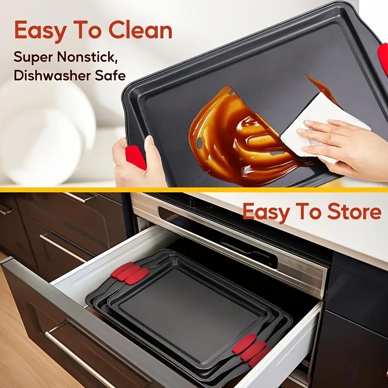 Carbon Steel Non-Stick Oven Bakeware Set with Red Silicone Handles Commercial-Grade