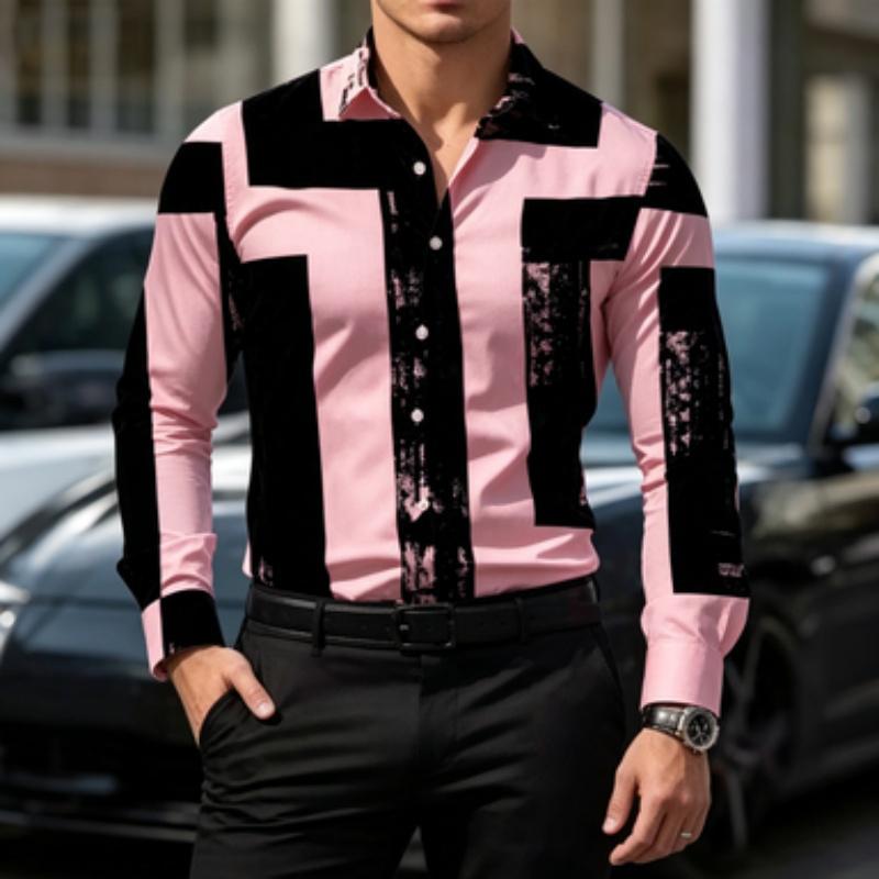 Men's Shirt Color Block Lapel Long Sleeved Shirt Abstract Geometric Print Slim Fit Shirt Light Business Daily Casual
