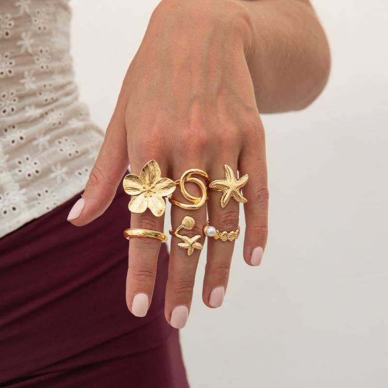 6 Pcs/Set Vintage Sun Starfish Open Rings For Women Men Punk Irregular Pleated Pearl Ring Vacation Beach Personalized Jewelry
