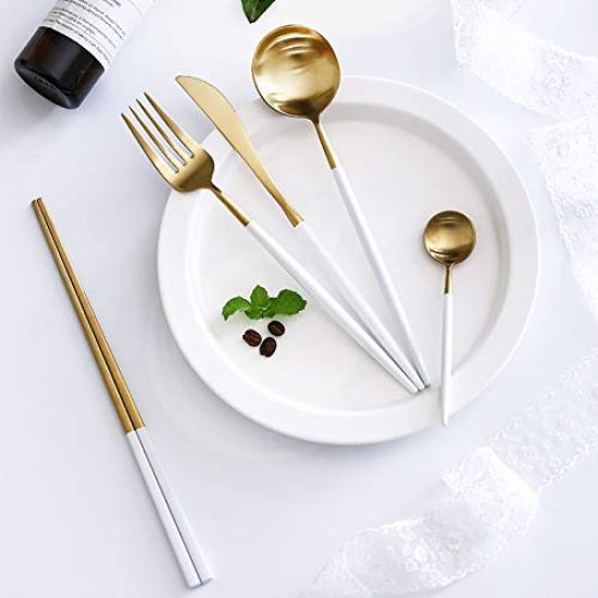 Minky Besteck Besteckset Gold Stilvolles Geschirr Edelstahl Dinner Besteckset Messer Löffel Gabel Set Steakmesser Tafelmesser Dessertlöffel Pasta