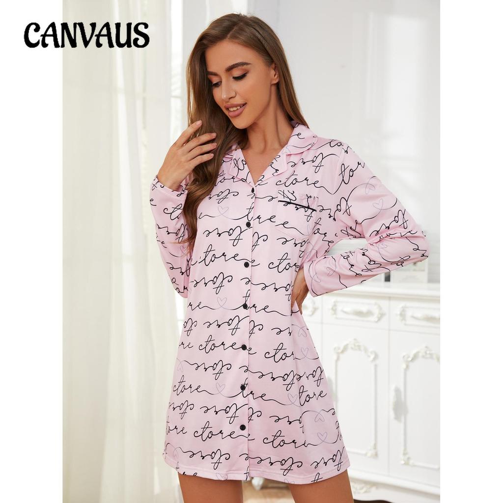 Langer Schlafanzug für Damen, Frühling und Herbst, langärmeliges Hemdkleid, Nachthemden