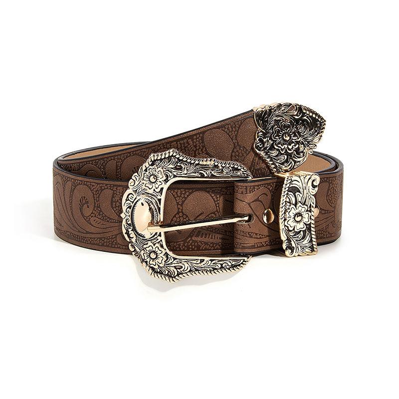 Ceinture Vintage en Cuir PU Marron Western pour Femme Ceinture de Taille Cowgirl avec Boucle Métallique Sculptée 3 ensembles Ceintures de Designer pour Femmes Jeans 105x3.8cm black