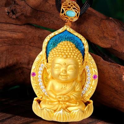 Ciondolo Buddha Bambino Vintage Dorato Smaltato su Catena Stile Cinese