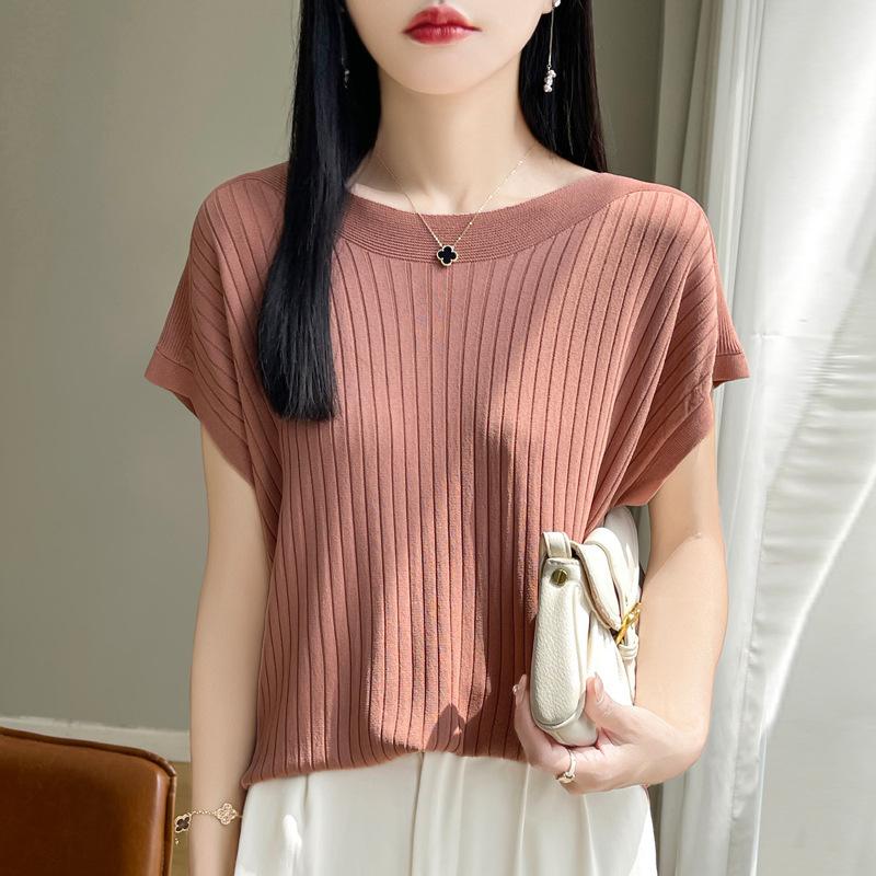 Women's Summer Solid-Color Loose-Fit Knit Top Lightweight Elegant Round-Neck Blouse