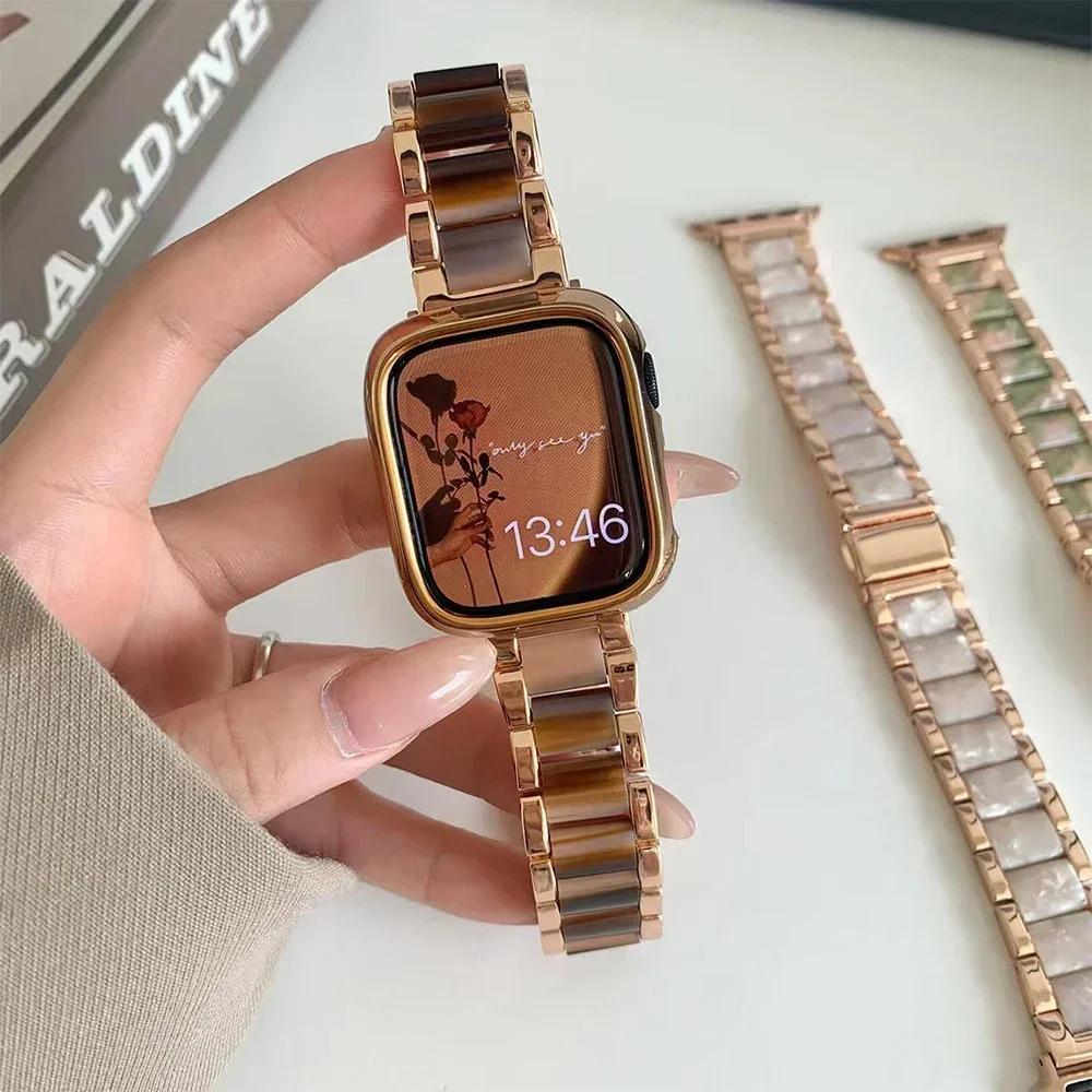 Stainless Steel+Resin Band for Apple Watch 10 42mm 46 Ultra 2 49mm Women Bracelet for IWatch 9 8 7 6 5 4 se 40mm 38mm 41 45 44mm
