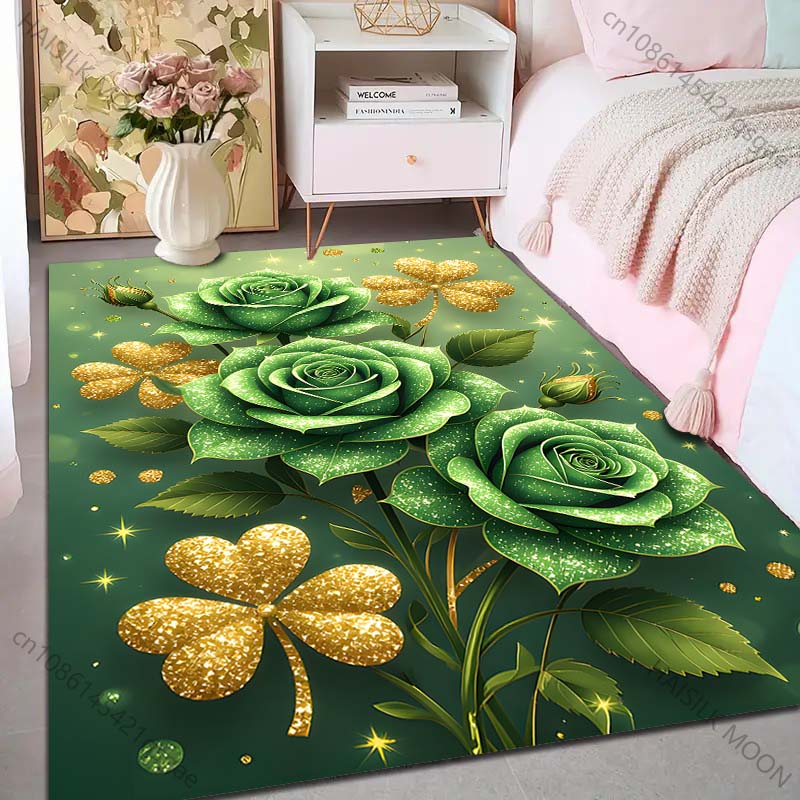Multiple sizes Green roses and golden clovers Carpet for Living Room Bedroom Sofa Home Decor Rus Non-slip Floor Mat Luxury Gift