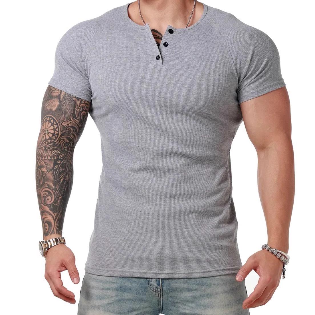 

Men s Short Sleeve Henley T-Shirt - Tight Round Neck, Quick Dry, Solid Color Fit M (Weight: 80-100 Jin)