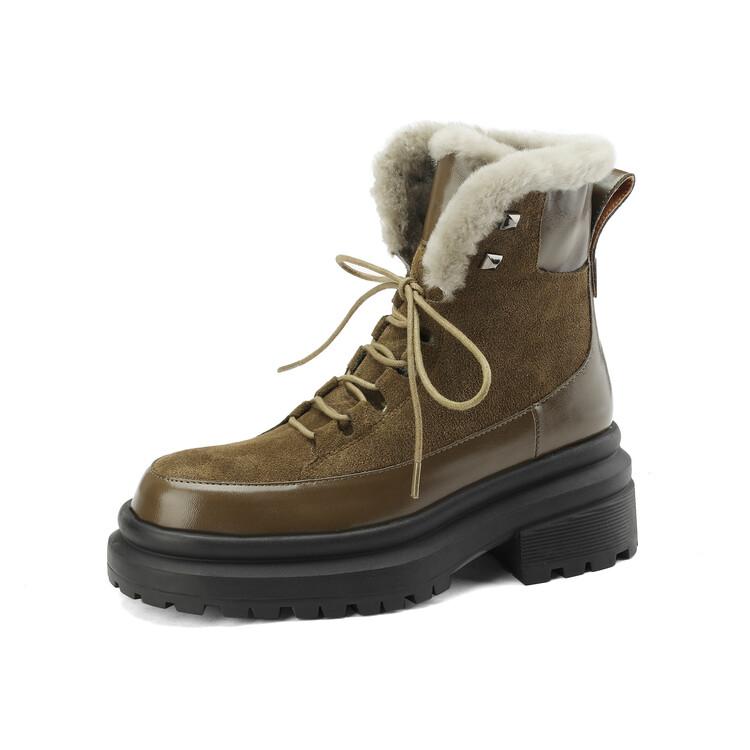 2024 New Popular Cross-Tied Women Ankle Boots Winter Warm Wool Snow Boots Genuine Leather Thick Heels Casual Outdoor Shoes Woman