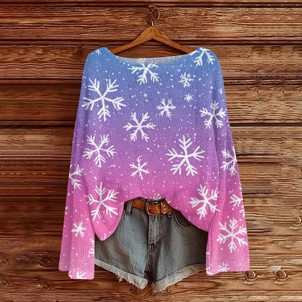 Ladies' Fashionable Casual Long Sleeved Christmas Printed Round Neck Knitted Yarn