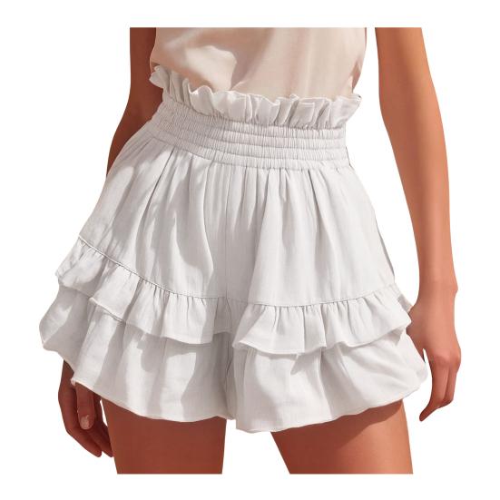 Women's Cotton Linen Ruffle Tiered Shorts, Elastic High Waist Layered Flowy Shorts, Casual Summer Beach Mini Shorts