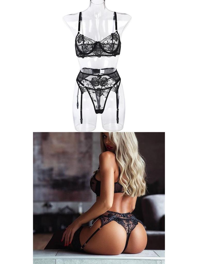 Mesh Embroidery Underwire Lingerie Set: Bra, Panties, and Garter - European & American Style