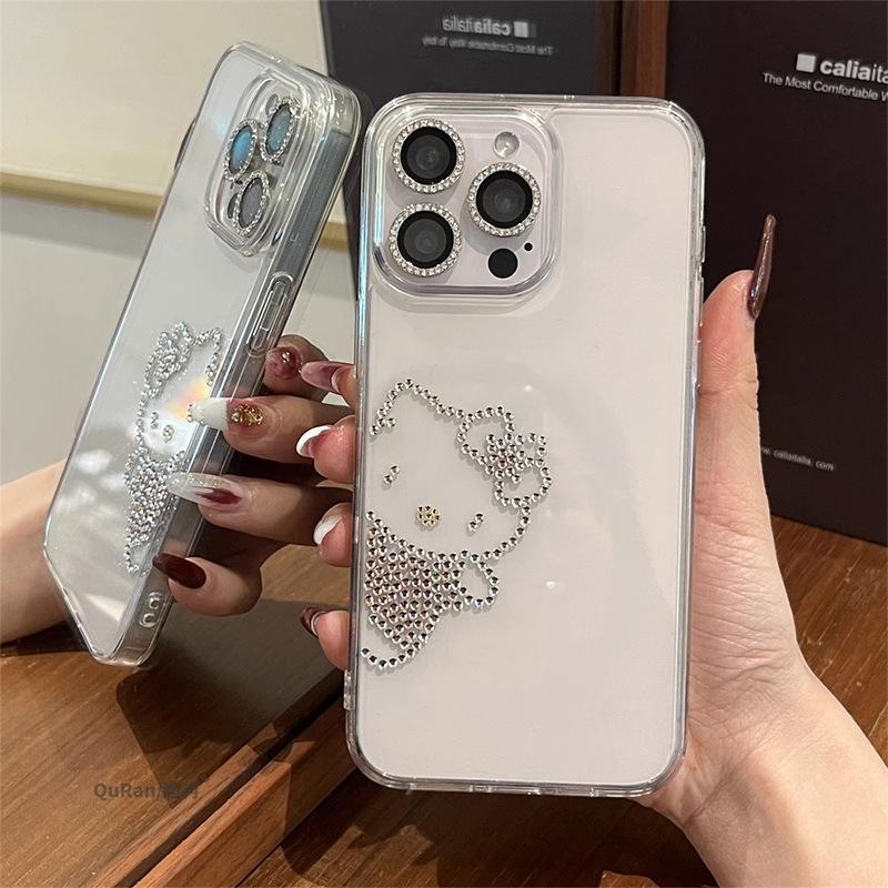 Cute Kt Cat Three-Dimensional Rhinestone Mobile Phone Case For Iphone16Promax Transparent Apple 15 Sweet And Light Luxury 17