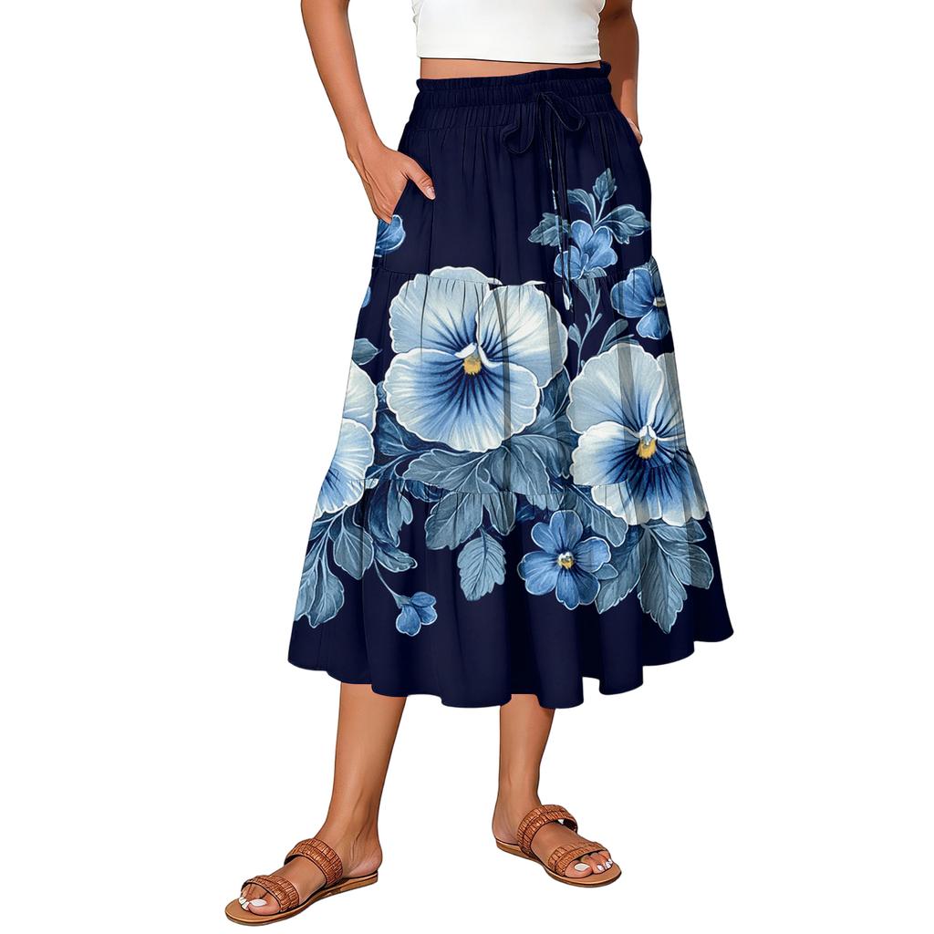 Womens Maxi Skirt Drawstring High Waisted Summer Long Skirts Lightweight Tiered Flowy Floral Pleated Skirts