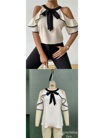European & American Style Women's Double-layer Short-sleeved Bow Tie Collar Pullover Shirt