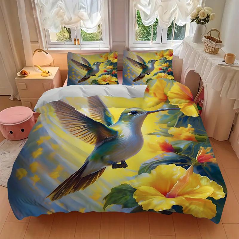 3pcs Yellow Flowers & Hummingbird Pattern Bedding Set, 1* Cover + 2*Pillowcases, Printed Bedding Set, Soft