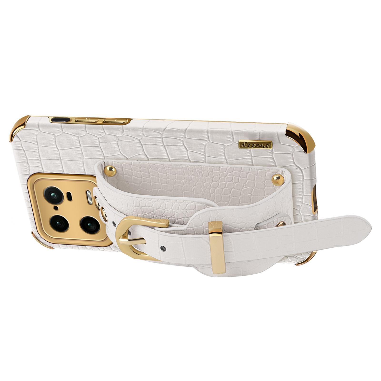 

For Xiaomi 13 Pro 5G Electroplating Crocodile Texture Anti-collision PU Leather Coated PC+TPU Case Hand Strap Kickstand Design Protective Cover White