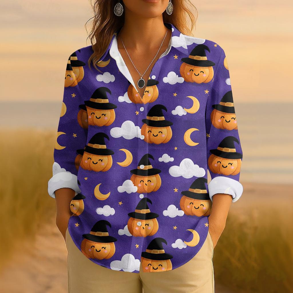 Dámská retro halloweenská potištěná košile s dlouhým rukávem na knoflíky, ležérní top s klasickým límečkem