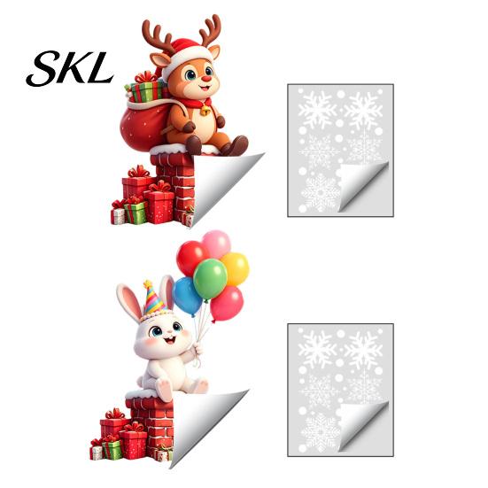 Removable Home Decor Stickers 2 Pcs Christmas Window Stickers, Cartoon Cute Deer Rabbit Cling, Easy Decals Winter Snowflakes Static for School Office