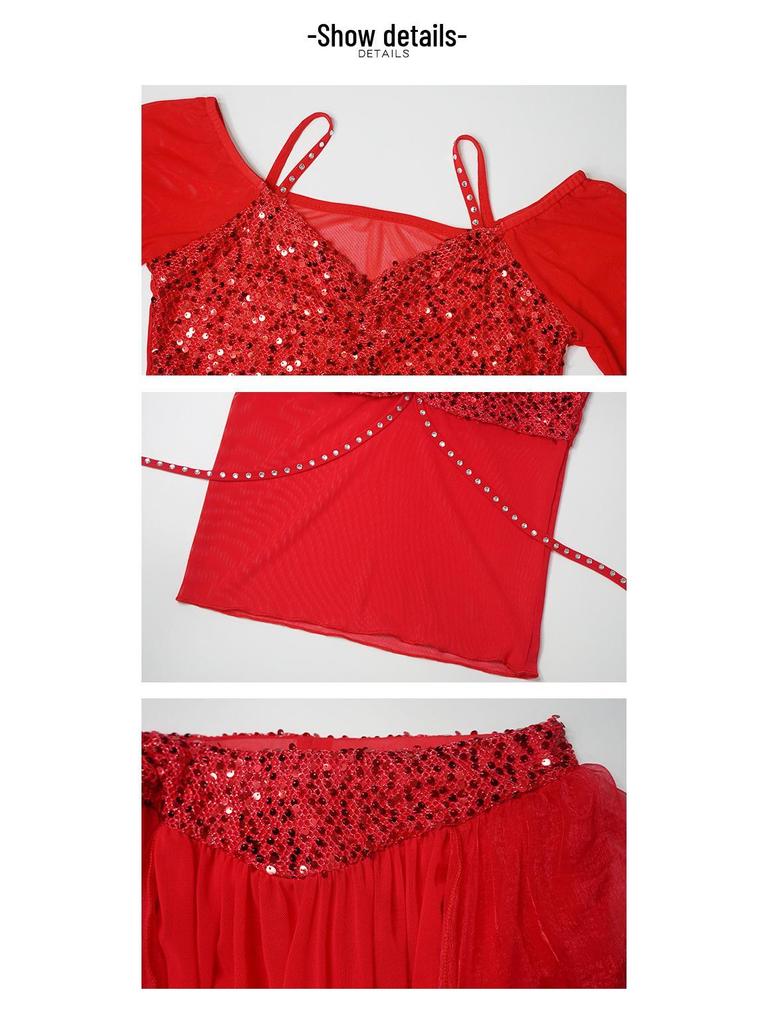 Huayu 2025 Sequined Belly Dance Dress Set - Mesh Long Dress for Practice & Performance