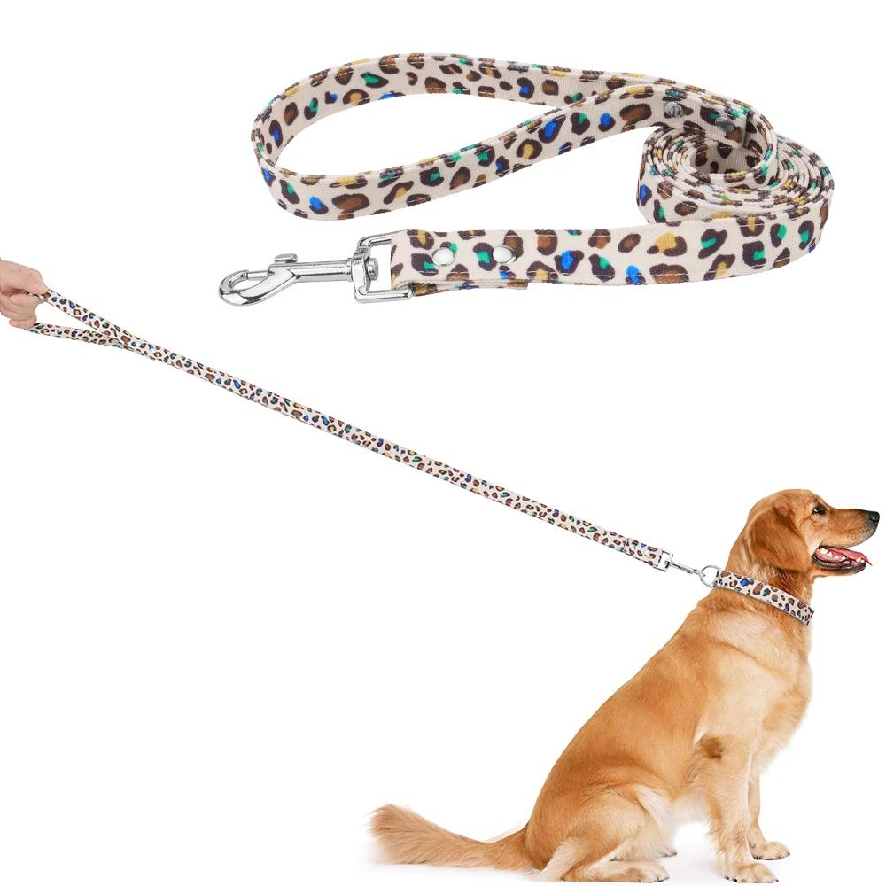 Custom Dog Collar and Leash Set,Personalized Leopard Pattern,Polyester Fabric Webbing with 120cm Leash, for Medium Large Dogs