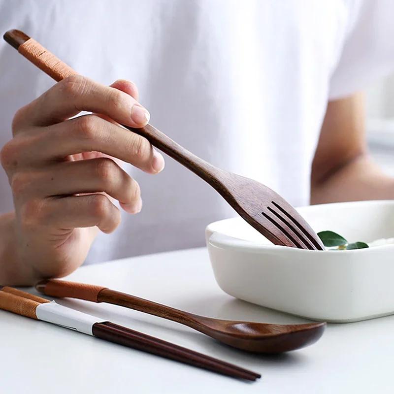 3Pcs Dinnerware Set Wooden Spoon Fork Chopsticks Set Dining Spoon and Fork Sushi Sticks Portable Wood Cutlery Japanese Tableware