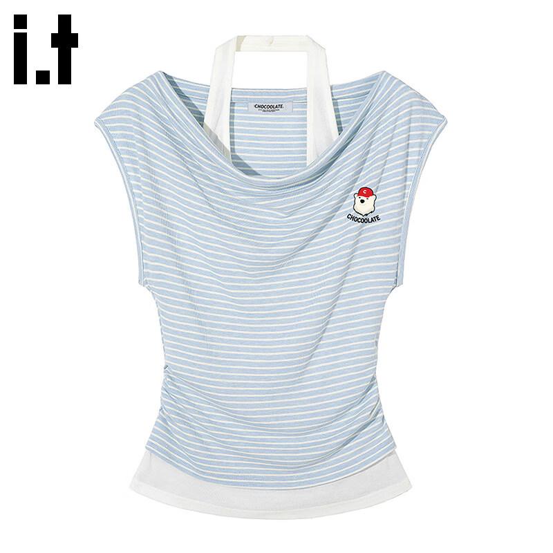 :CHOCOOLATEit Women s Striped Faux Two-Piece Halter Off-Shoulder T-Shirt M