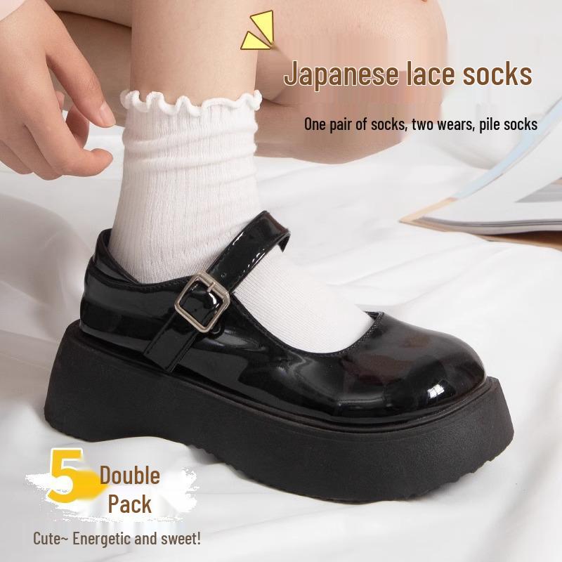 Chaussettes de Cheville à Volants Style Académie Lolita Japonaise - Sangles Croisées & Coton Couleur Unie