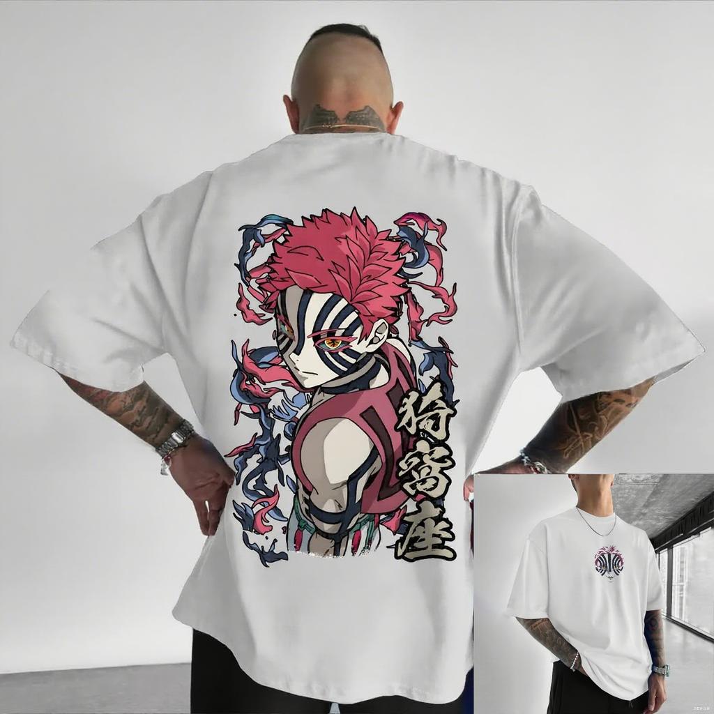 Oversized Demon Slayer Akaza Anime Mens Tshirt Cotton Women Short Sleeve Tops Summer Streetwear Graphic Tee Casual Y2k Clothes
