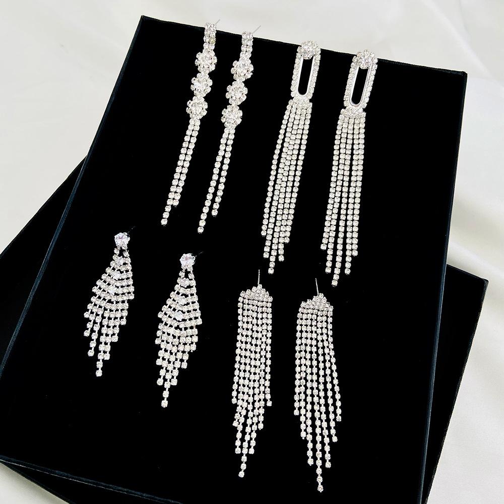 High Quality Light Luxury Full Diamond Exaggerated Chain Fringed Earrings Femininity Love Rhinestone Earrings Internet Celebrity Earrings Wholesale