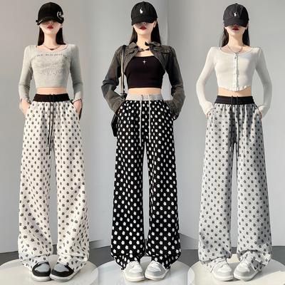 High-waist Drawstring Wide-leg Pants for Women's Spring New Printed Polka Dot Straight Pants Loose Casual Sports Pants