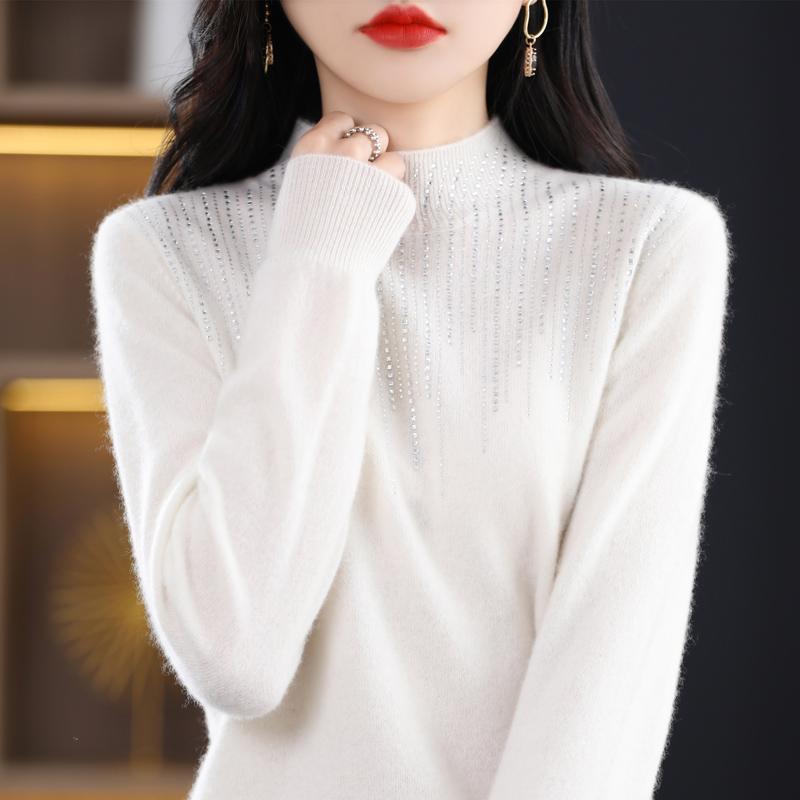 Women's Half Turtleneck Diamond Sweater, Qinghe Cashmere, 30% Cashmere 70% Wool, Winter Knitted Pullover Autumn Sweater Cashmere Sweater