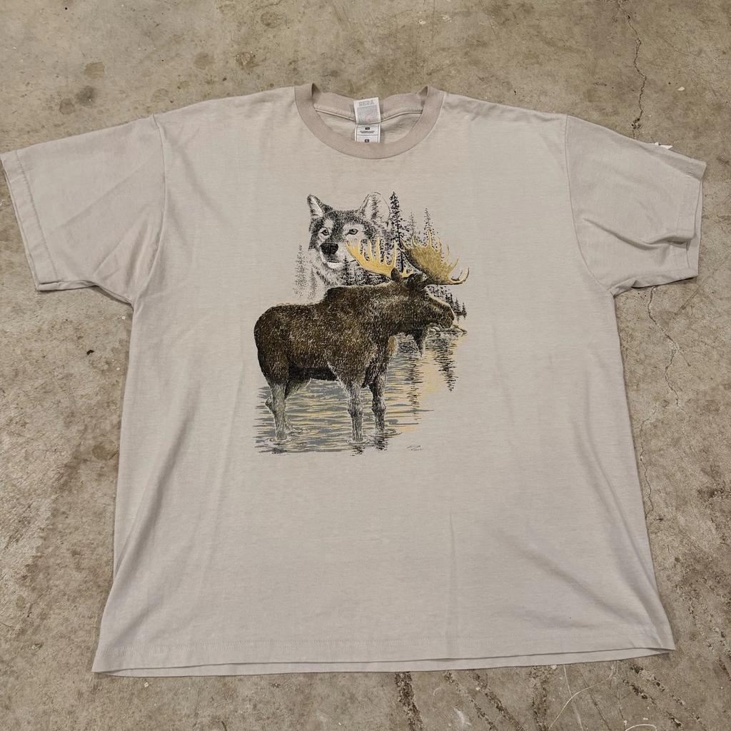 Vintage 90er Elch Wolf Natur T-Shirt Herren XL Beige