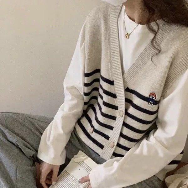 V-neck Double Breasted Heavy Work Embroidery Sweater Vest Spring and Autumn Stacked Color Matching Striped Vest Cardigan Female