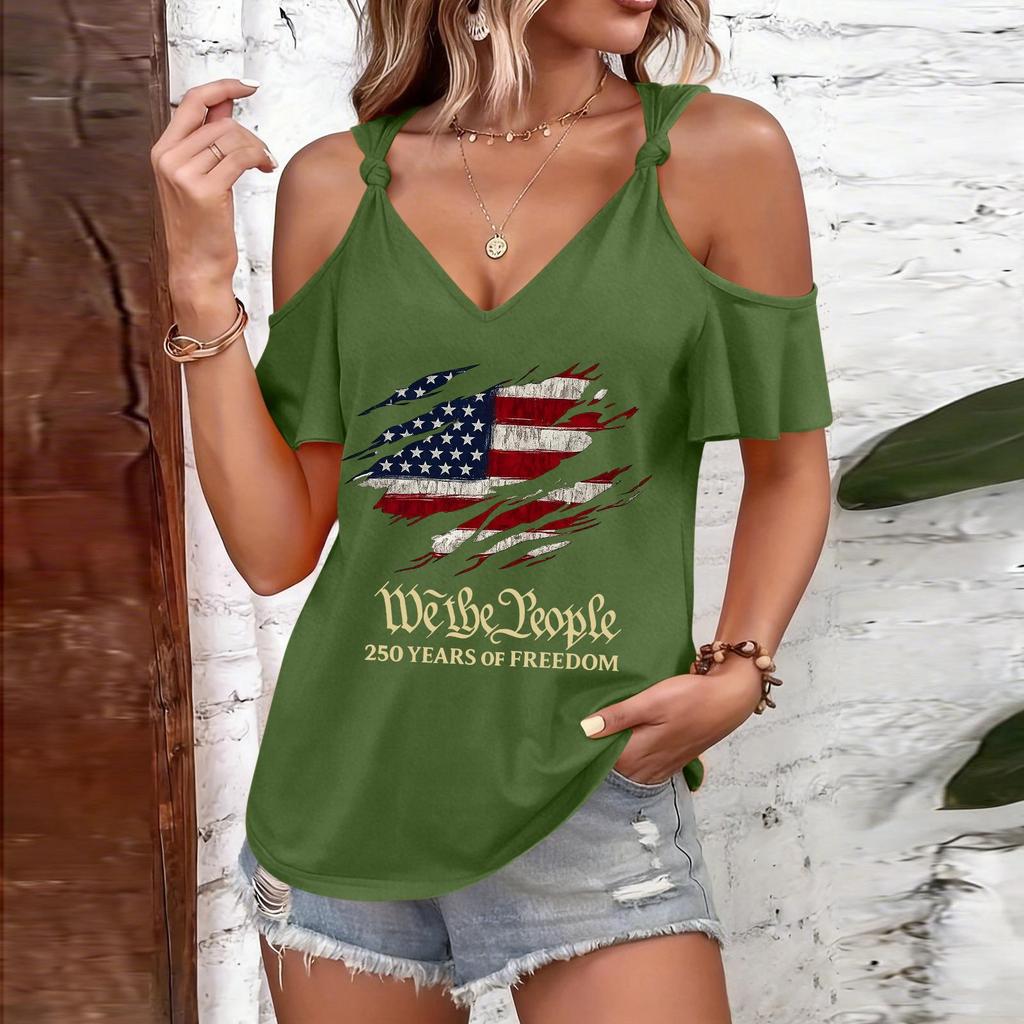 T-shirt décontracté pour femme à épaules dénudées et bretelles à nouer, manches courtes, col en V, imprimé drapeau américain, haut léger d'été