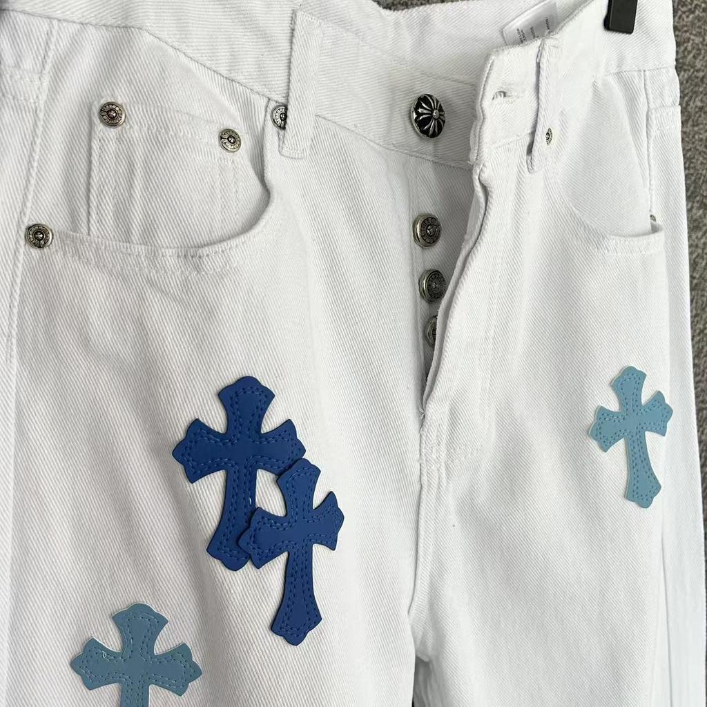 7705 CHROME HEARTS Men's and Women's American Style Trendy Jeans with Fabric Patches, Casual and Fashionable High Street Pants