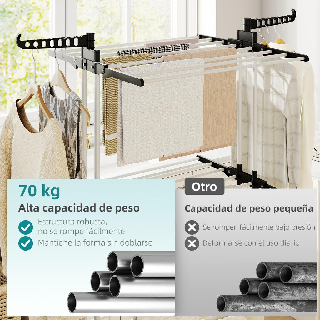 Foldable 3-Tier Clothes Drying Rack with Wheels, Wings and Hangers, 73x64x172cm, Black & White