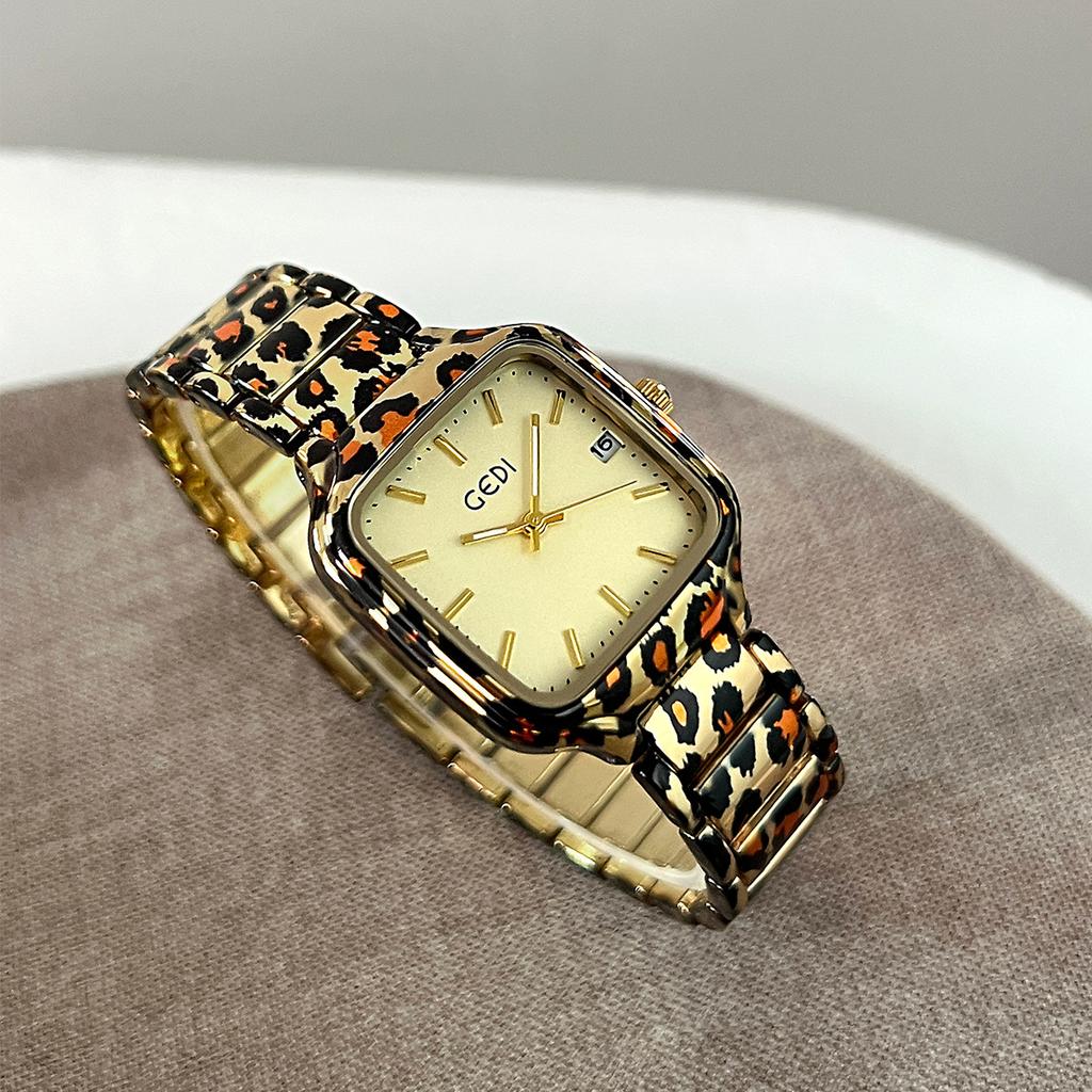 Leopard Print Steel Belt Small Sugar Cube Watch Women'S Large Dial Light Luxury Niche Trendy Brand Fashion Watch