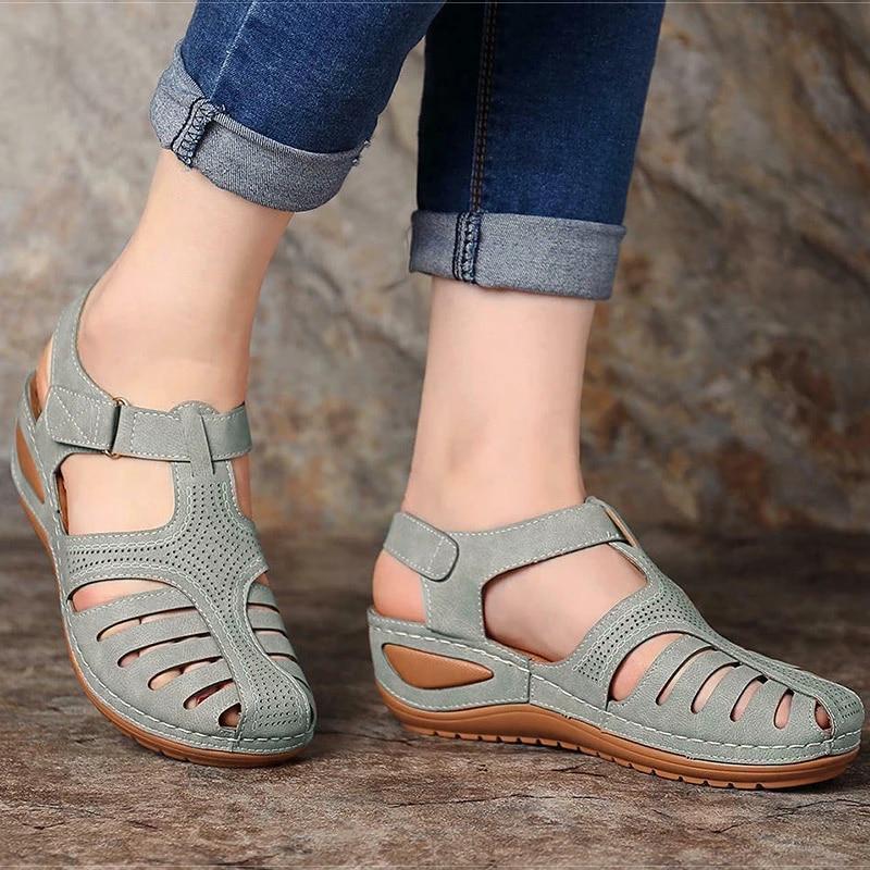 Woman Solid Color Vintage Wedge Sandals Ladies Platform Hollow Out Buckle Shoes Footwear