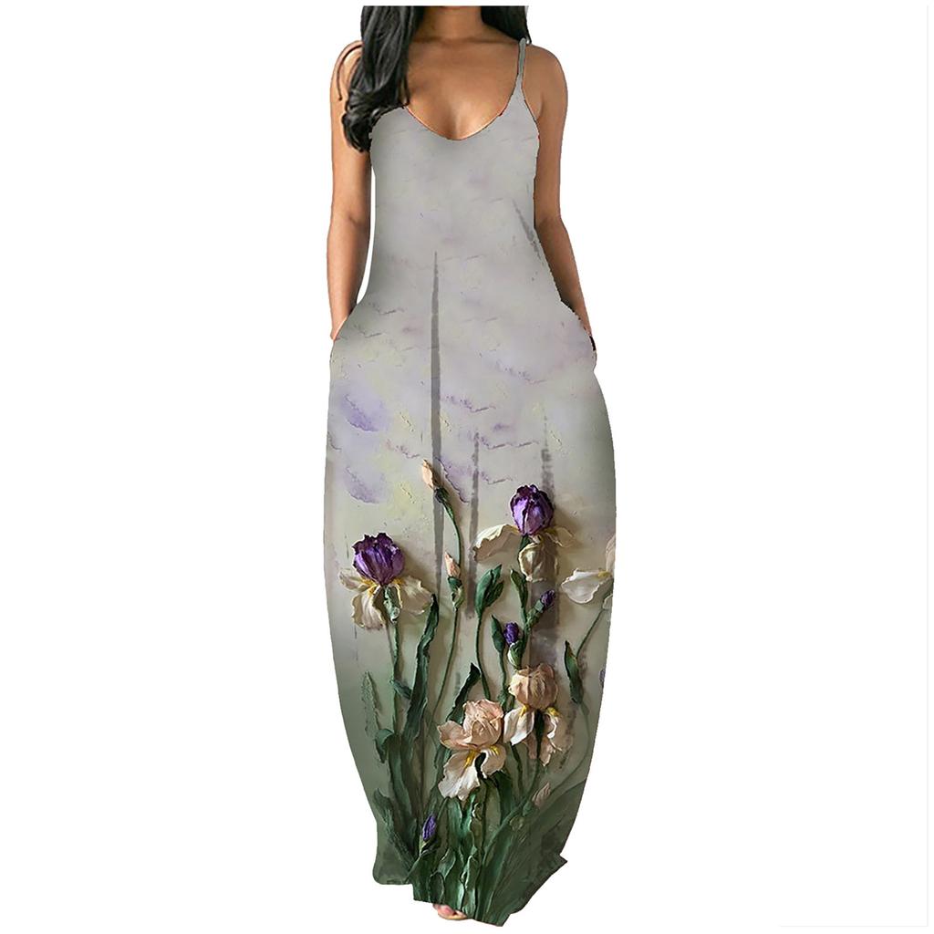 Women Summer  Sunflower Print Sleeveless Plus Size Pullover Long Dresses
