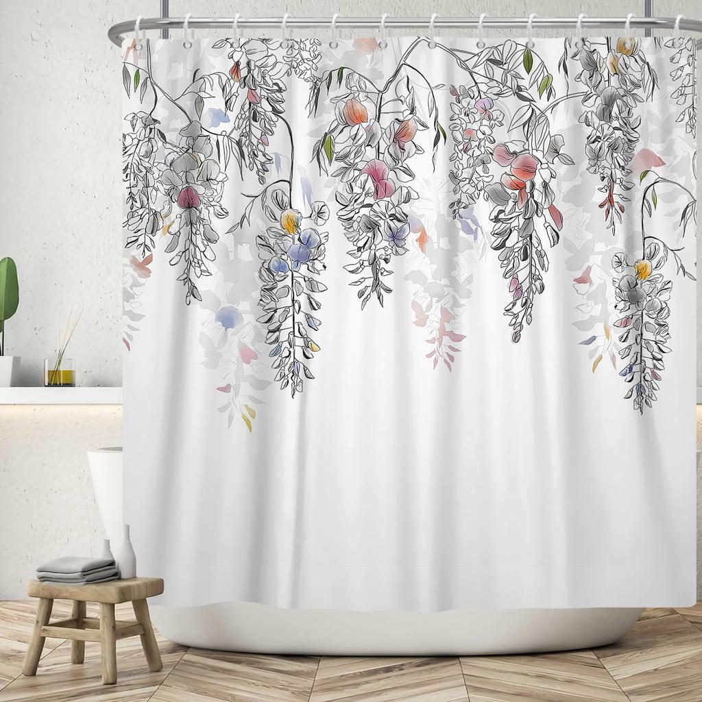 Top Fresh Watercolor Plants And Flowers Leaf Pattern Bathroom Shower Curtain Home Decoration Waterproof Tape Hooks