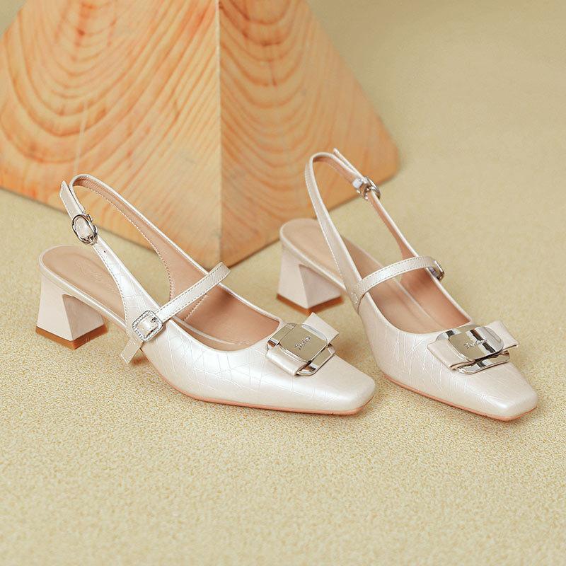 French Mary Jane Single Shoes Bag Head Sandals Women's Thick Heel 2025 New Summer Silver One-word Buckle with High Heels